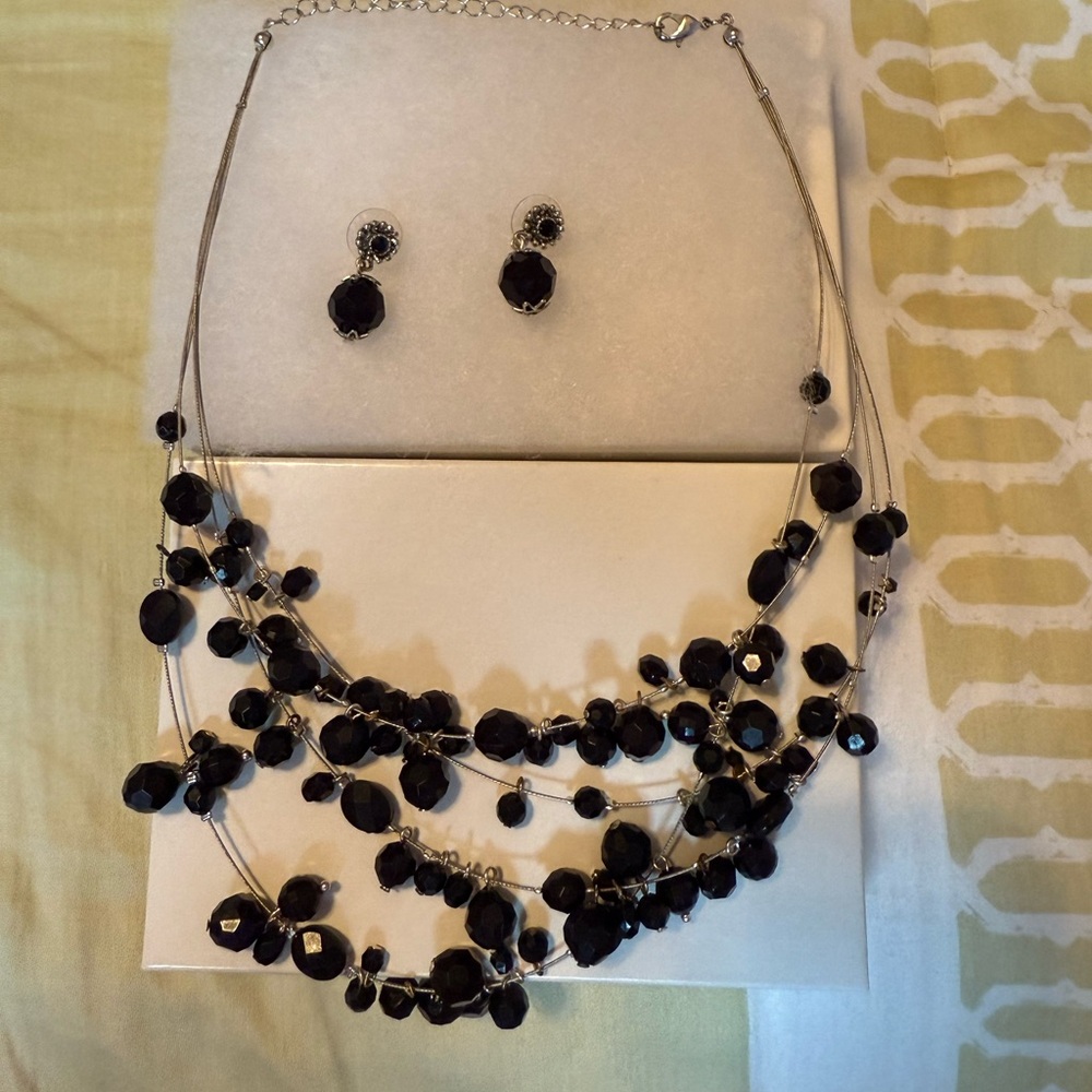 Elegant Black and Silver Necklace and Earring Set
